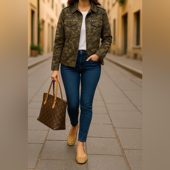 Papillon Camo Military Jacket Gold Studded Utility Coat Women’s Large Like New - Picture 3 of 6